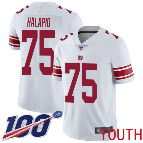 Youth New York Giants #75 Jon Halapio White Vapor Untouchable Limited Player 100th Season Football NFL Jersey